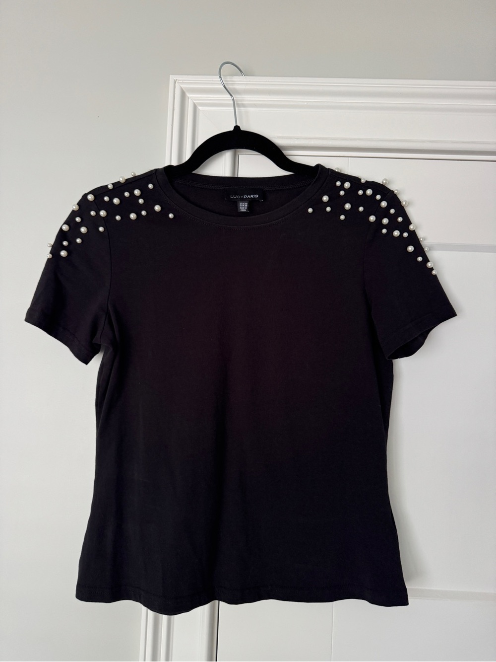Lucy Paris Black Short Sleeve Tee with Shoulder Pearl Accents